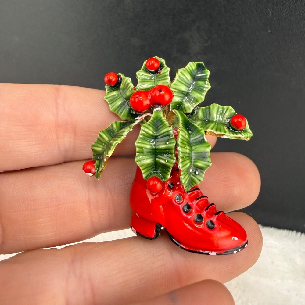 Vintage‎ Original by Robert Brooch Red Green Holiday Enamel Boot Holly 2in